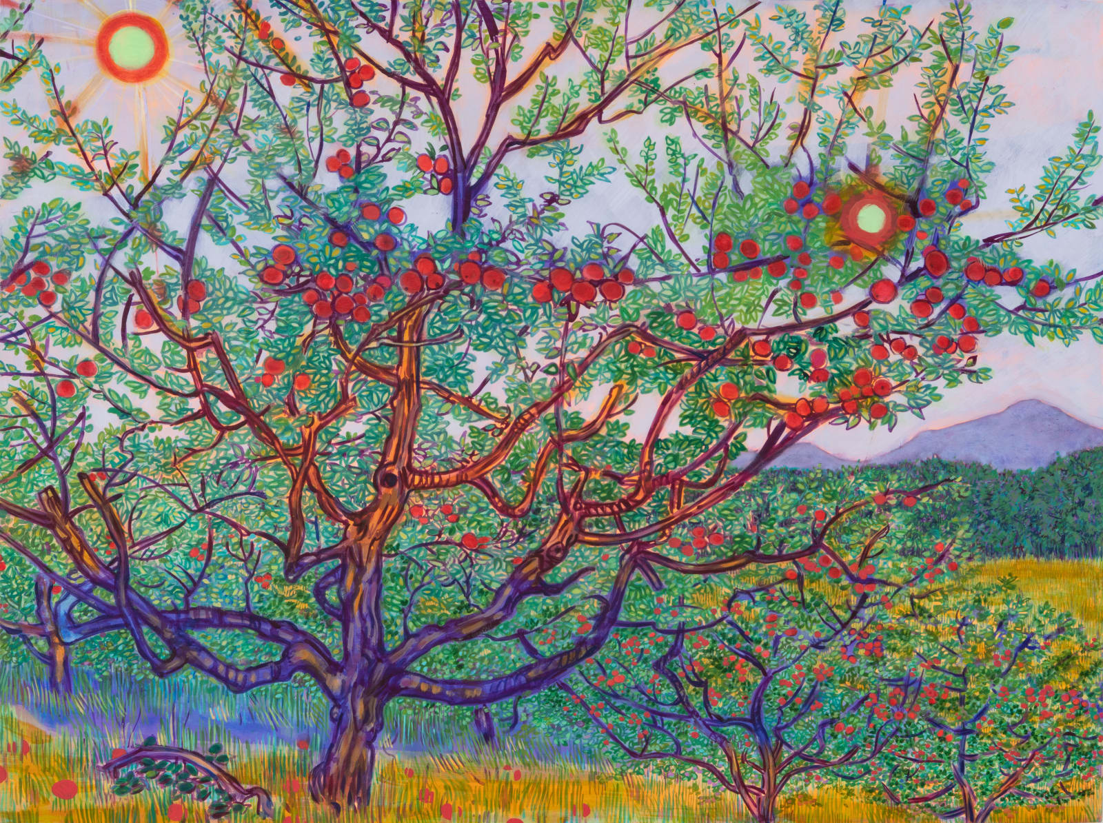 A bright rendering of a tree filled with apples under a sky with two suns