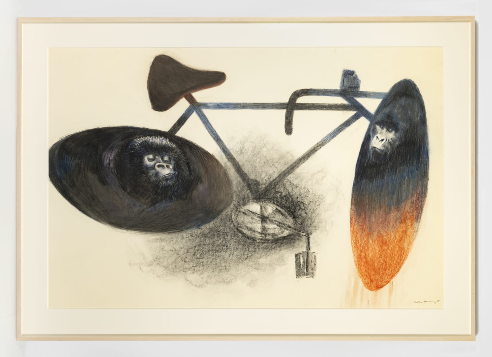 A rendering of a bicycle with portraits of gorillas contained in its wheels