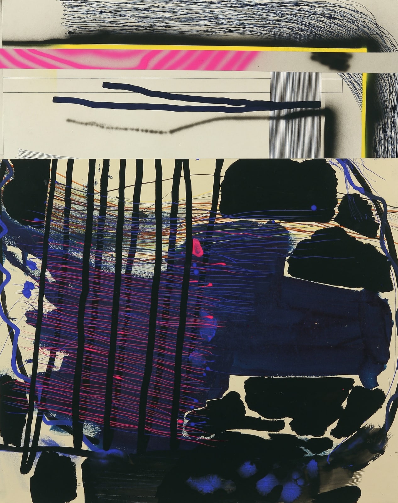 Colorful abstract painting lower 3/4 of panel spotted with black and blue masses balanced by hot pink lines along top quarter