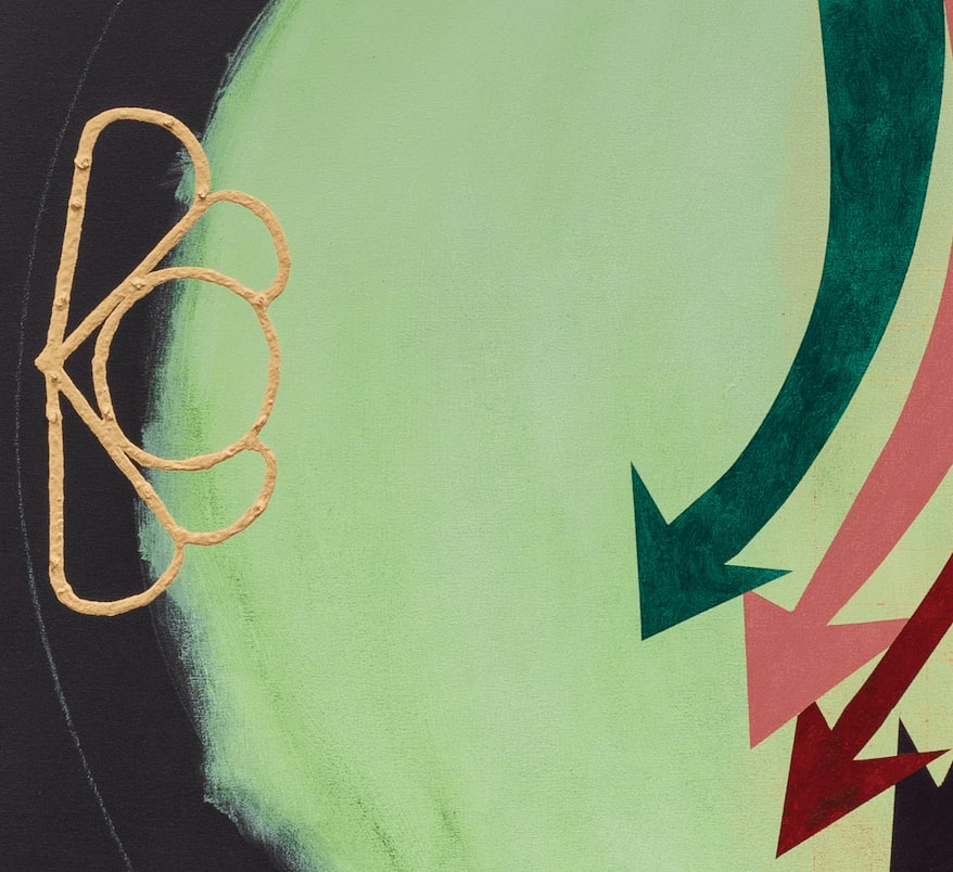 Detail image of a black trapezoidal canvas with a large, pale green circle off center and multicolored arrows pointing downward, as well as symbols and leaves scattered throughout the composition