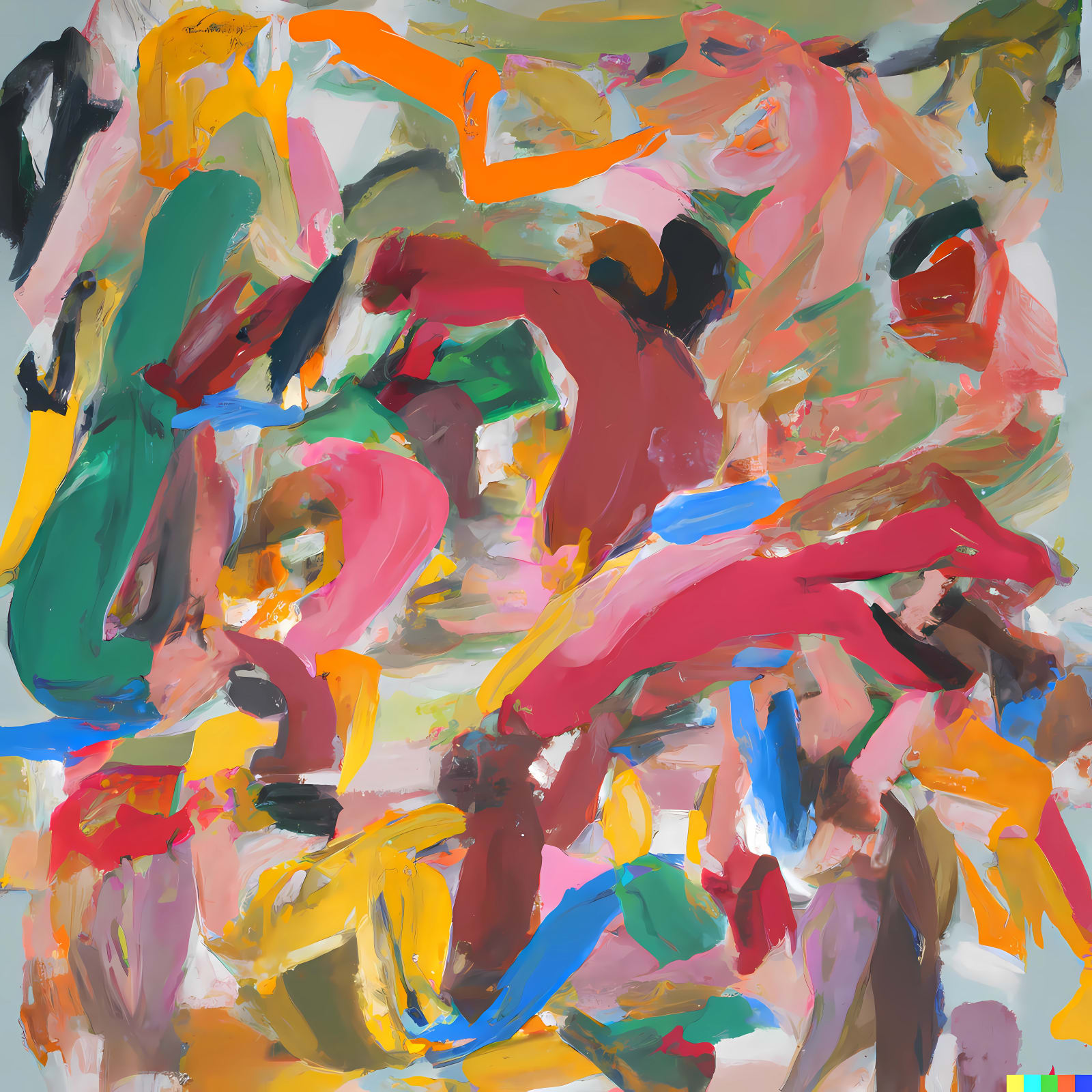 An AI generated image in the style of Elaine de Kooning, in green, pink, blue and yellow
