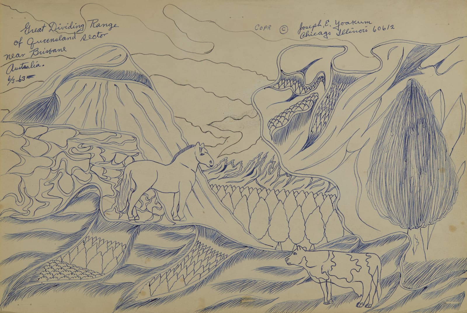 Ball point pen drawing of mountain scene with oversized white horse