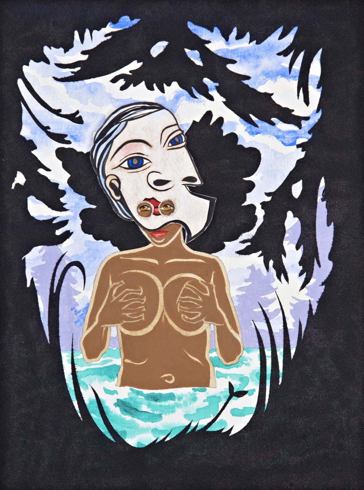 Nude woman wearing a Picasso inspired mask holds her hands in front of her breasts