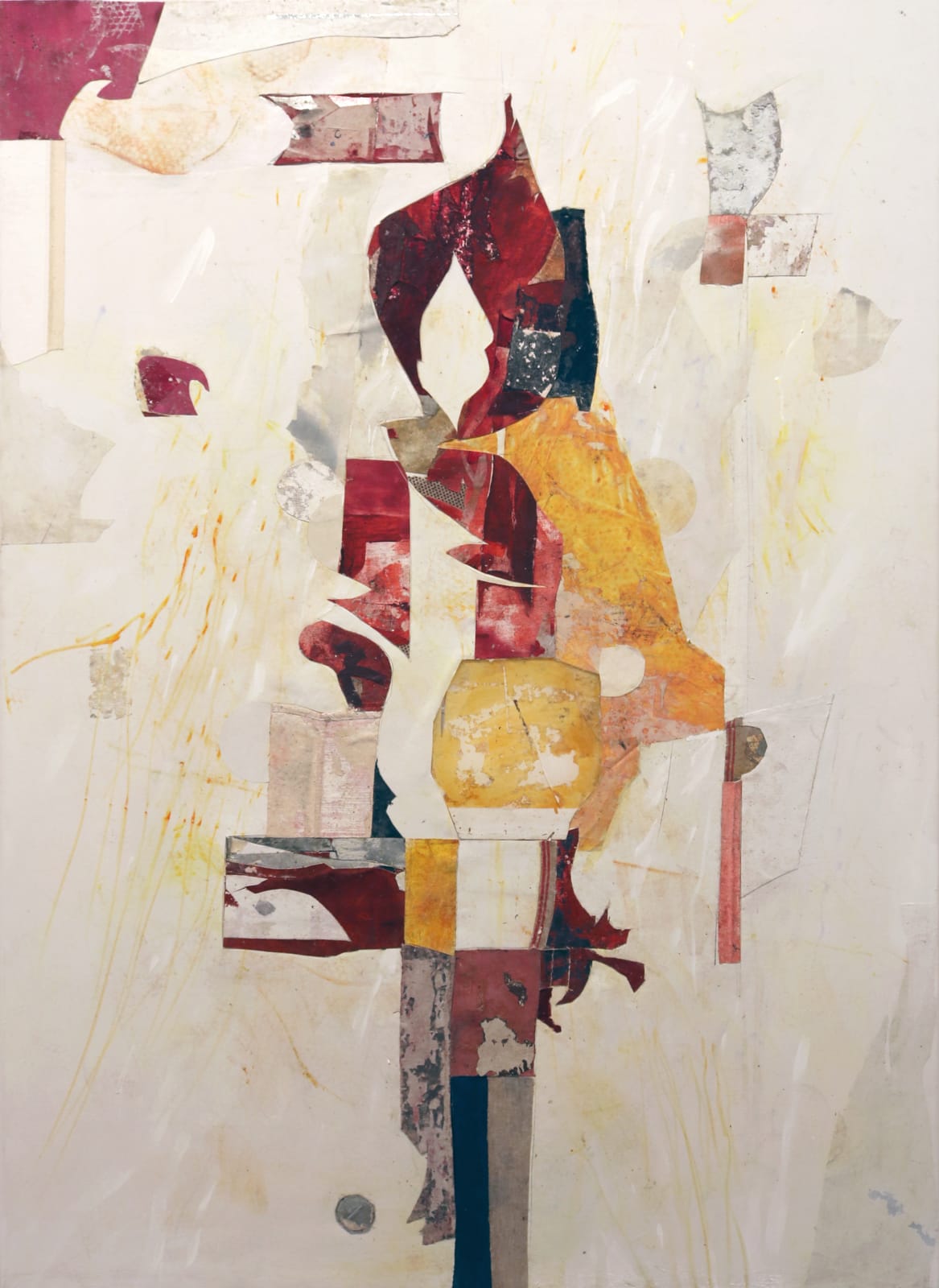 Abstract collage comprised of geometric shapes made from oil, enamel, acrylic, paper, aluminum, Mylar, concrete, rubber, linen, canvas on canvas