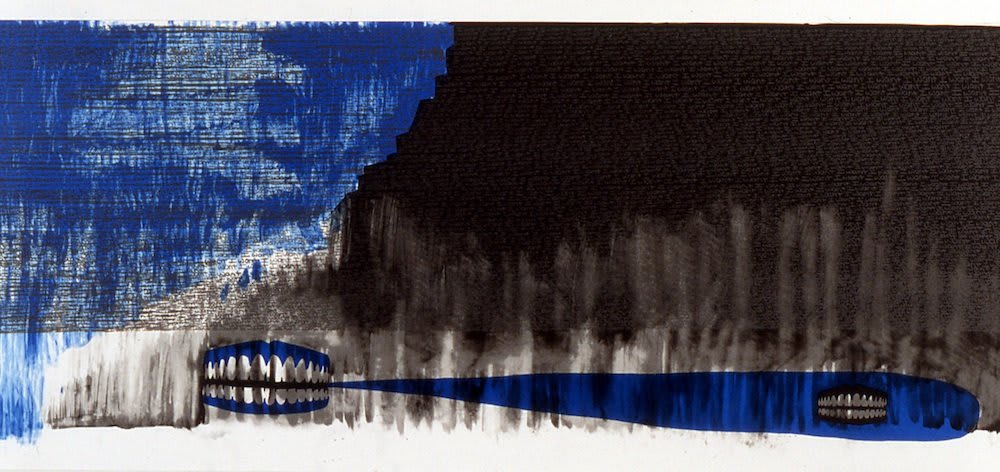 Page from artist's book, background repeats text I Want, blue and black ink overlaid along with mouth with text bubble