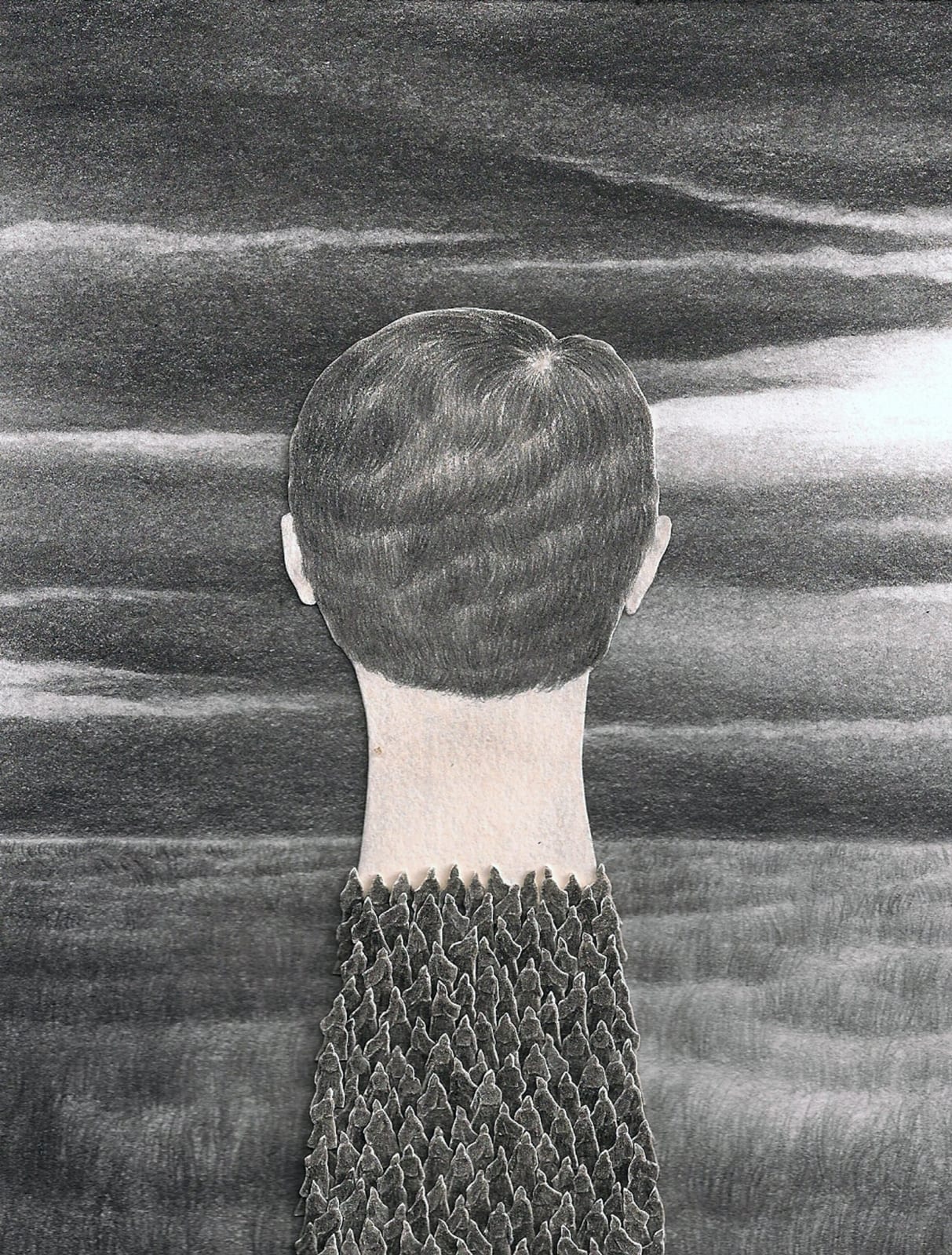 A disembodied mans head emerges from a landscape with many trees