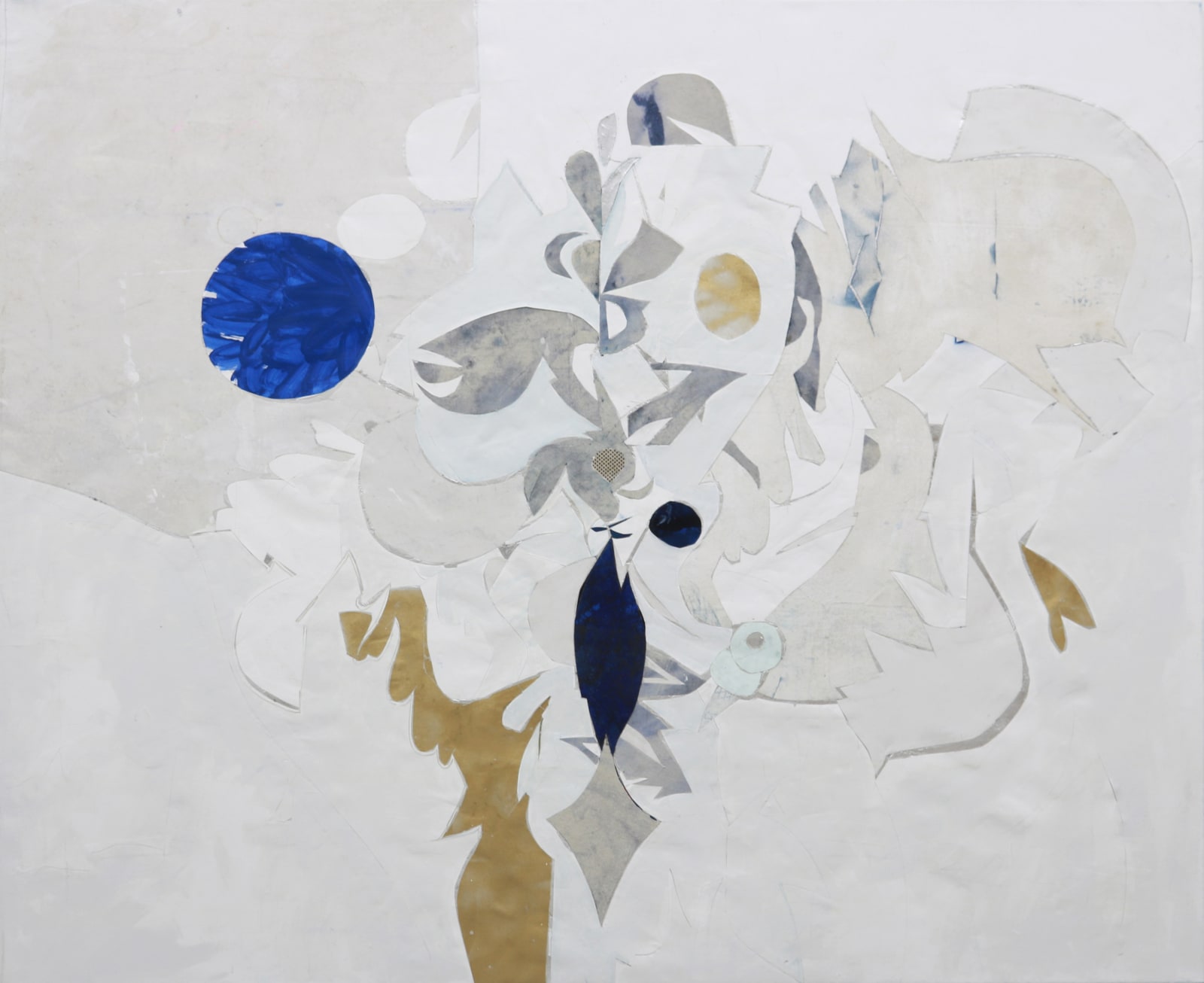 Abstract white, beige, gold and blue collage using remnants of earlier paintings and studio detritus