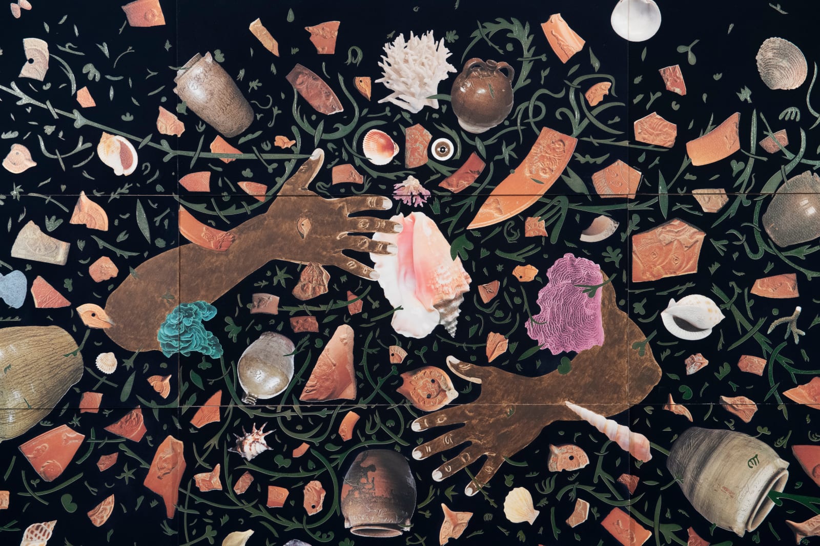 Velvet painting depicting a storm of clay shards, disembodied body in the center, coral, grass, and mythological motifs