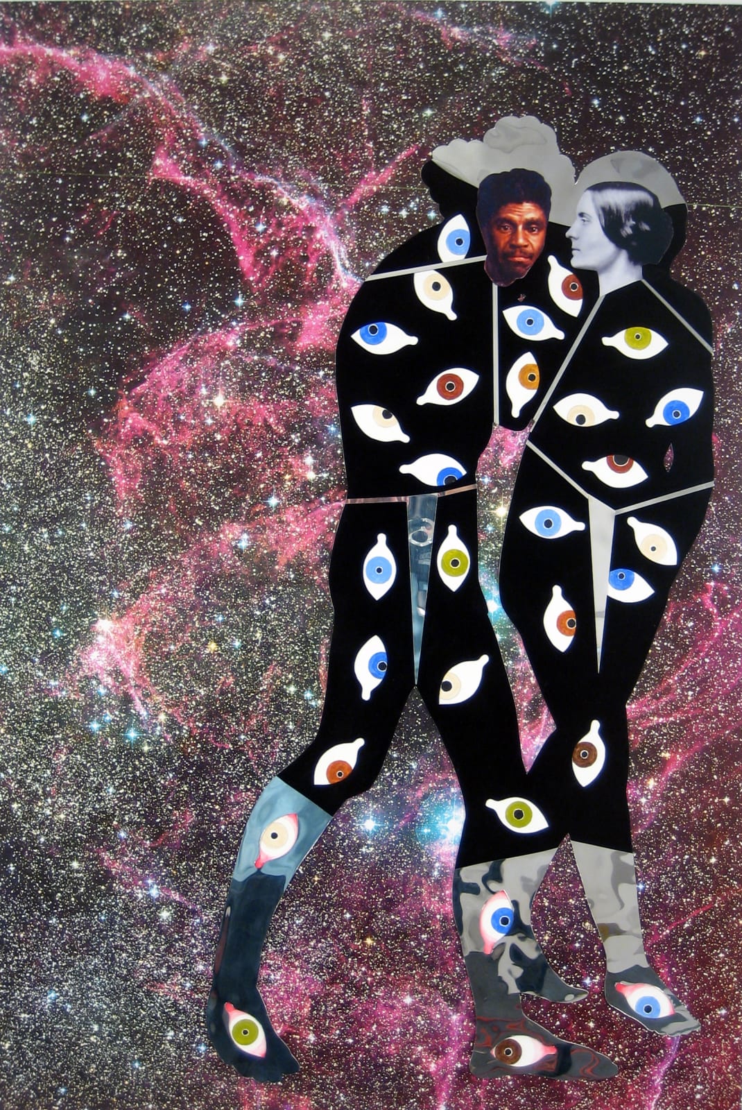Collaged man and woman on a celestial background, each person is covered in collaged eyes