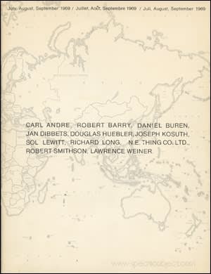 Carl Andre, Robert Barry, Daniel Buren, Jan Dibbets, Douglas Huebler, Joseph Kosuth, Sol LeWitt, Richard Long, NE Thing Co Ltd, Robert Smithson and Lawrence Weiner printed in black on a white paper overlaid with a map