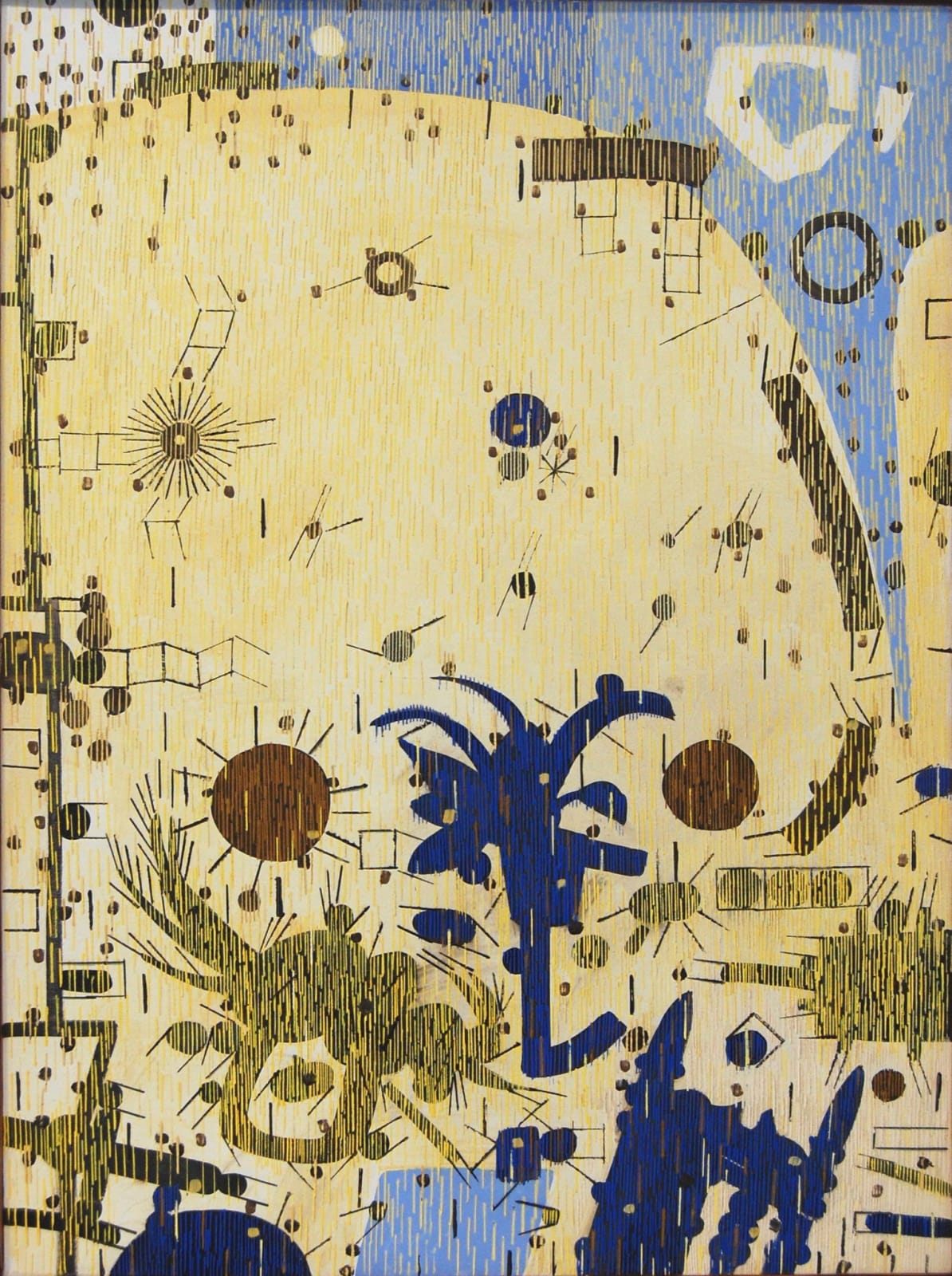 Several blue and yellow shapes with many points and curves gather at the bottom of the frame while the upper half is mainly a yellow hill in front of a blue sky and C-shaped moon