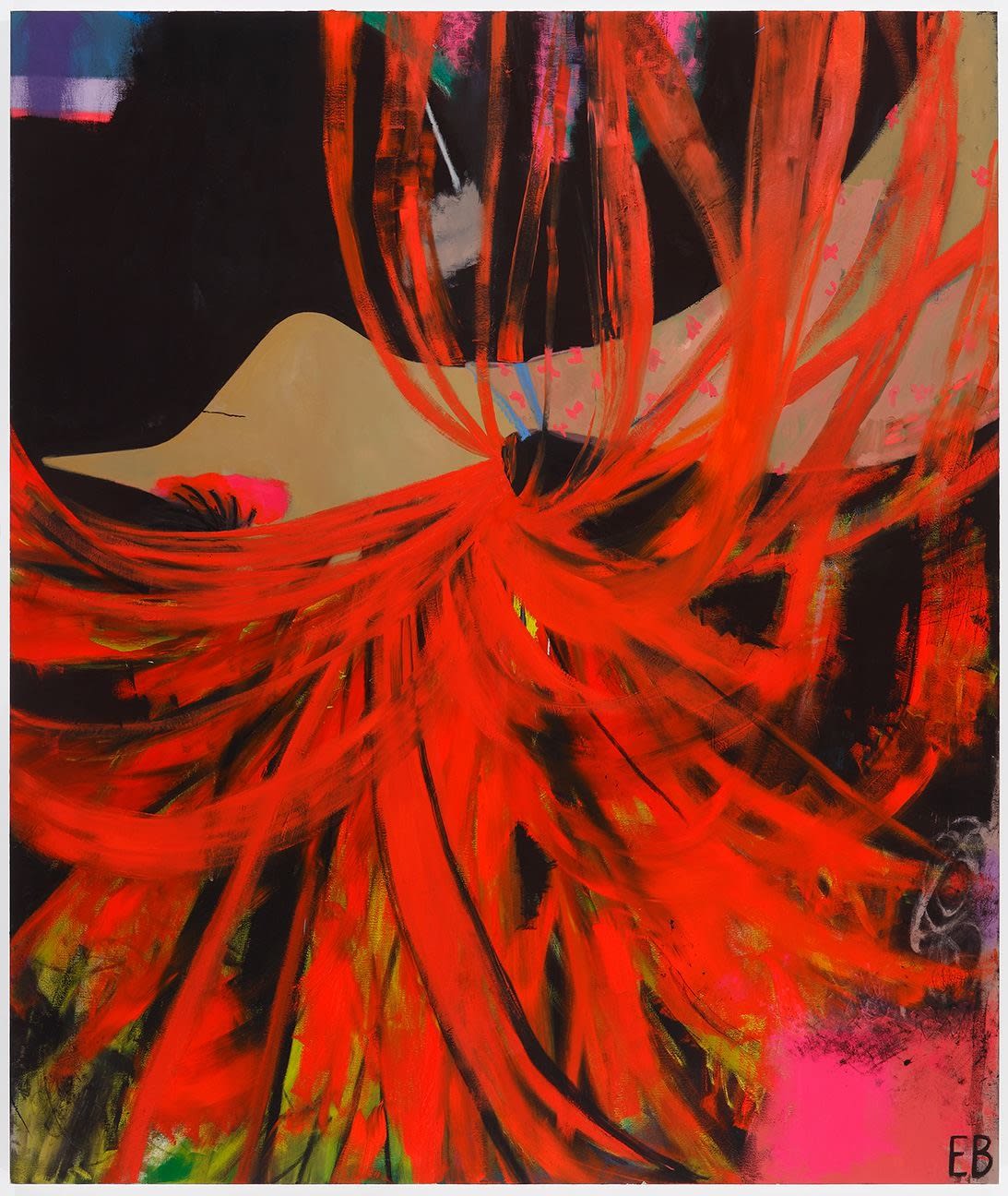 Abstracted image of woman in profile with streaks of bright red hair