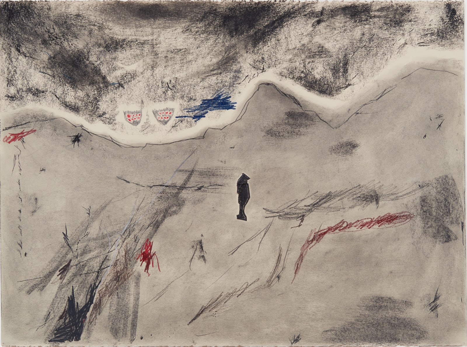 an arid landscape with clouds and a dark human shape