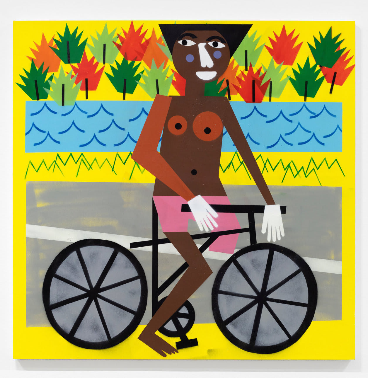 Painting of smiling dark skinned woman riding bicycle