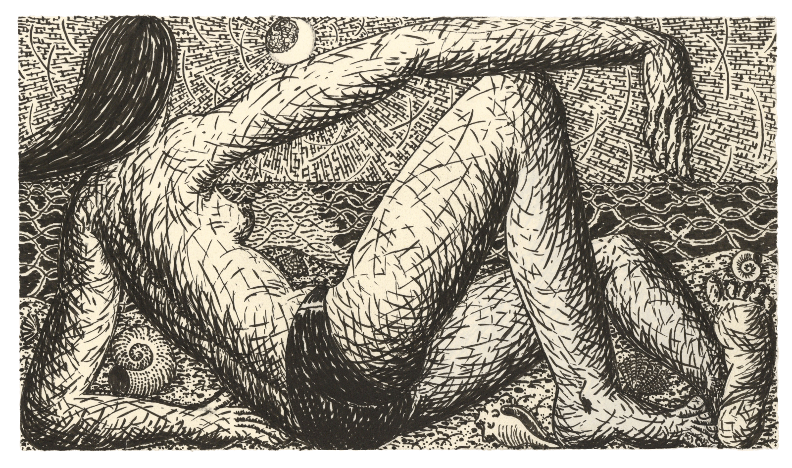 Small black and white ink on paper drawing depicting a reclining shirtless female figure looking at the water and a crescent moon