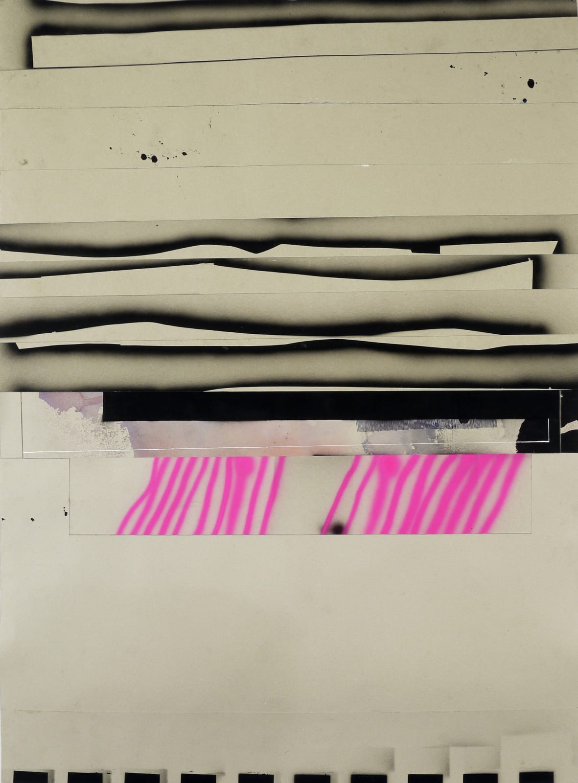 Painting with horizontal black lines through center of panel with pink vertical lines extending from lowest line