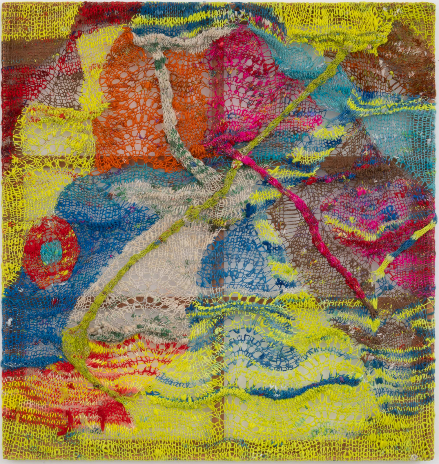 An organic composition in multi-colored fibers stretched across a redwood frame as one would stretch a painting. The fibers are knit at varying thicknesses so that in places one can see through the stitches to the wall behind.