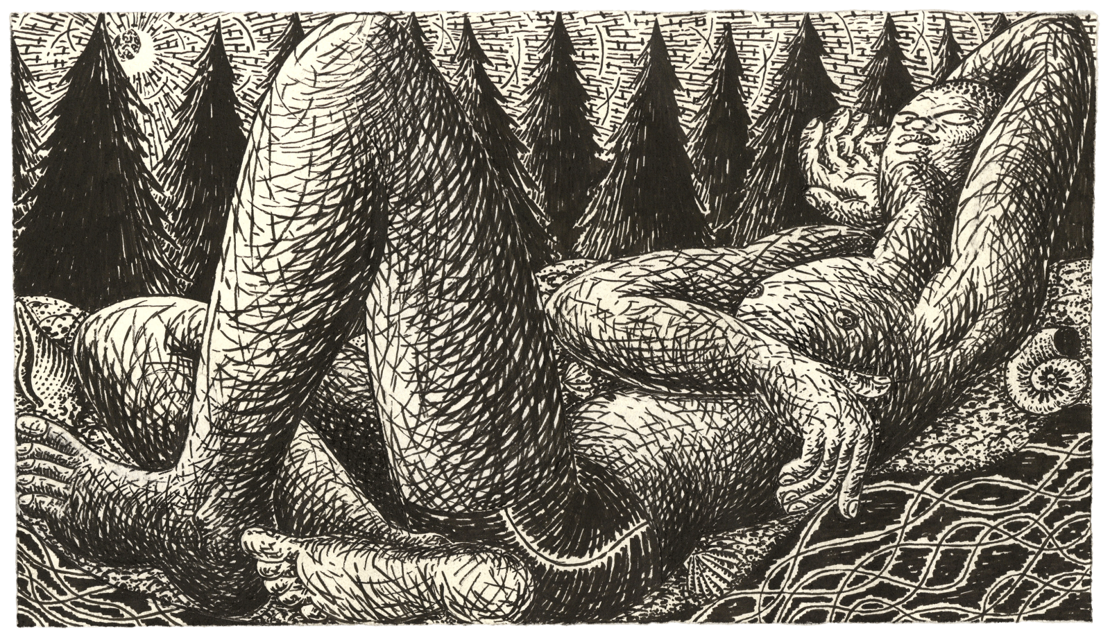 Small black and white ink on paper drawing of a reclining shirtless figure with pine trees and a crescent moon in the background