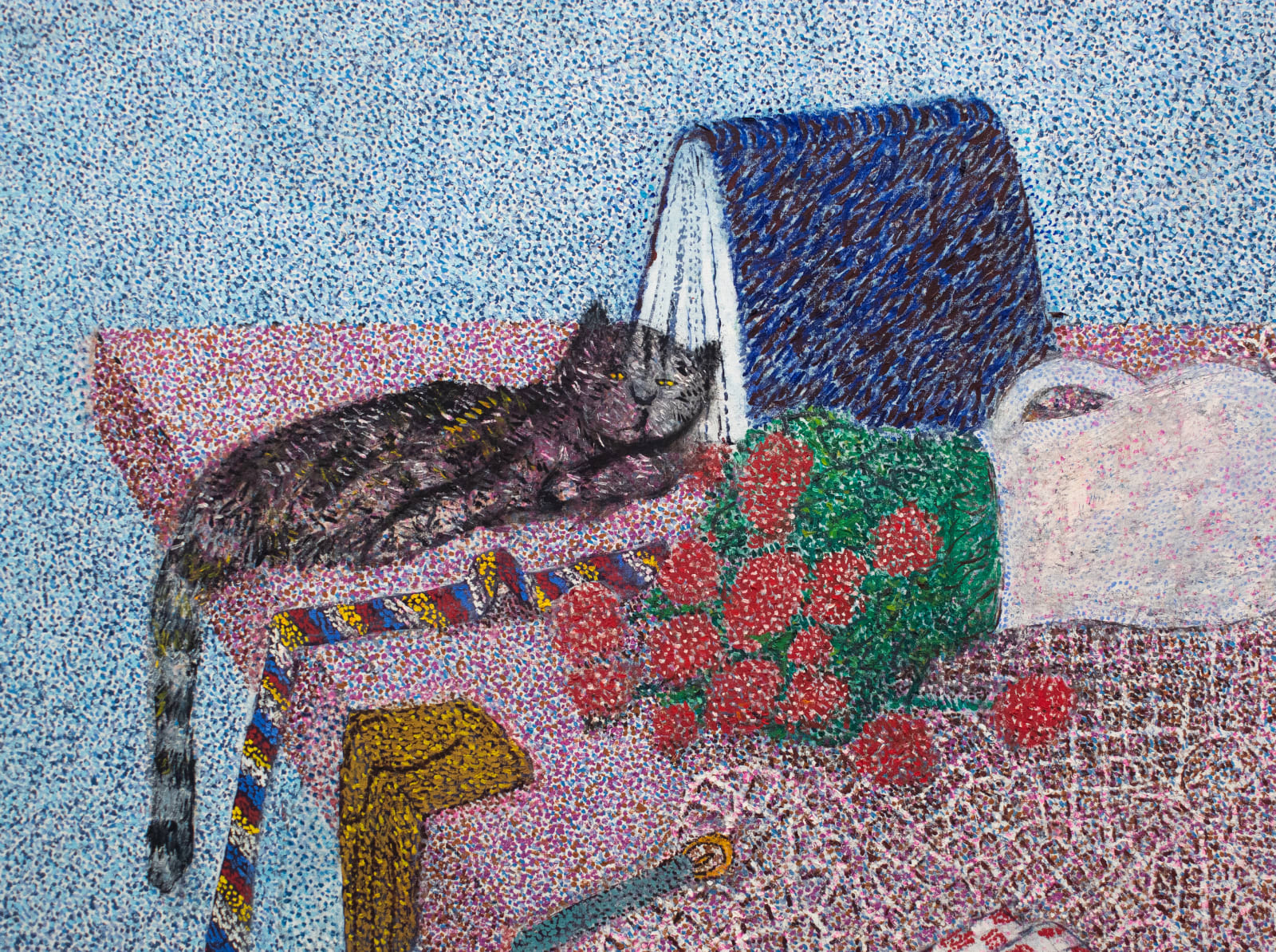 Detail view of painting of cat flowers and ties with tail and ties hanging off edge of table