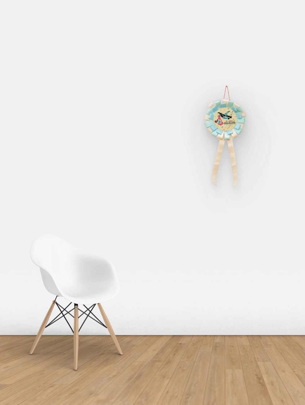 View of wall of Stork carrying a pack of cigarettes on white ribbon