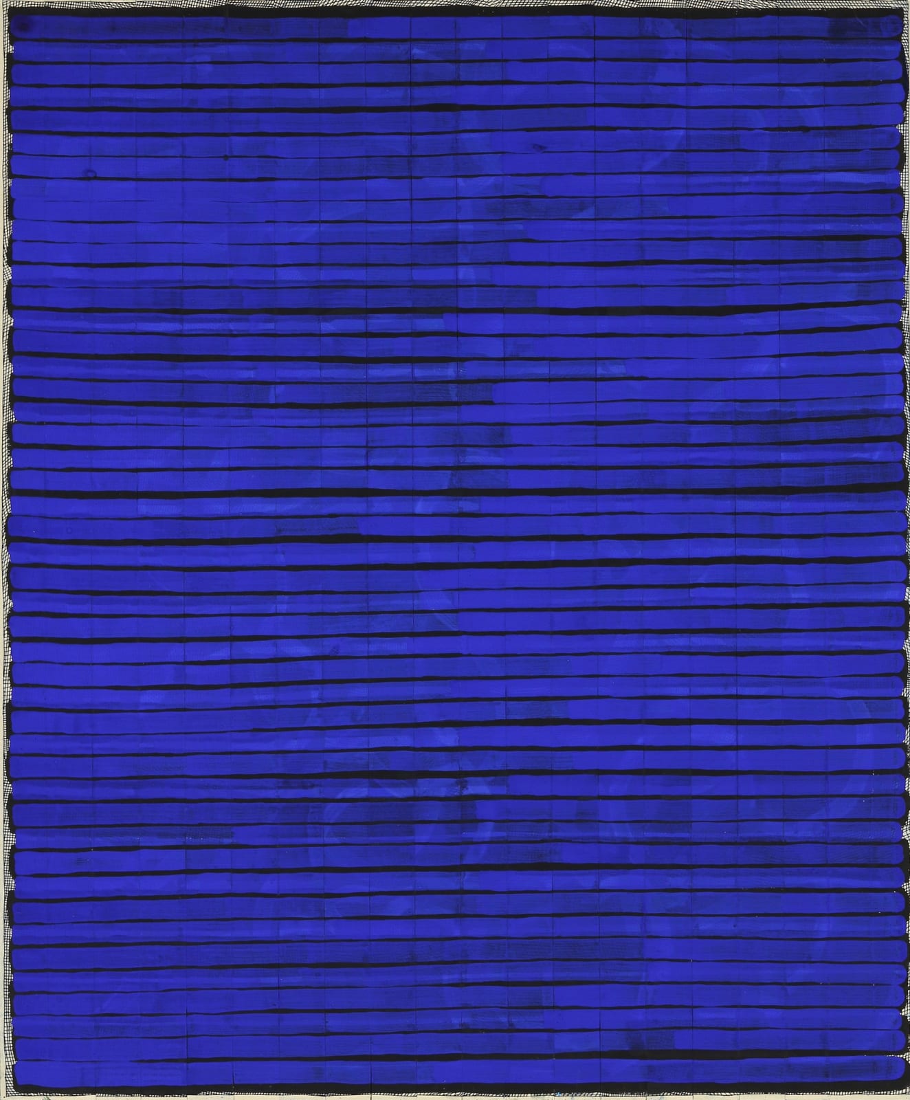 Collage of horizontal royal blue paper strips over black ground