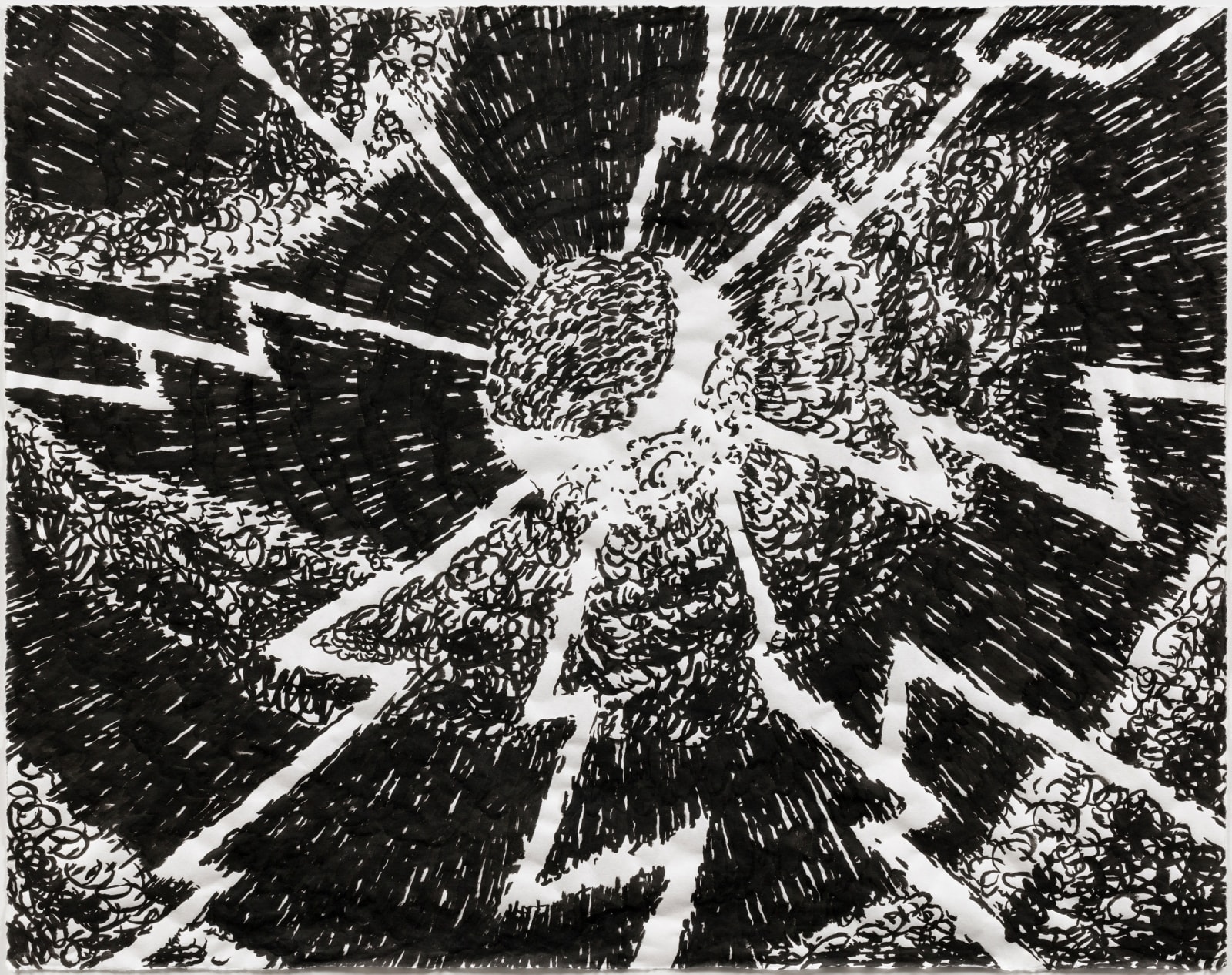 Black and white ink drawing on paper of a crescent moon and clouds with lightning bolts radiating from the moon