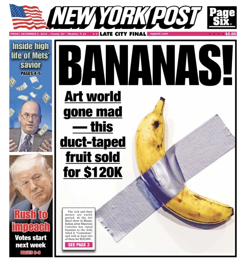 New York Post with a duct-tapeed banana on the cover