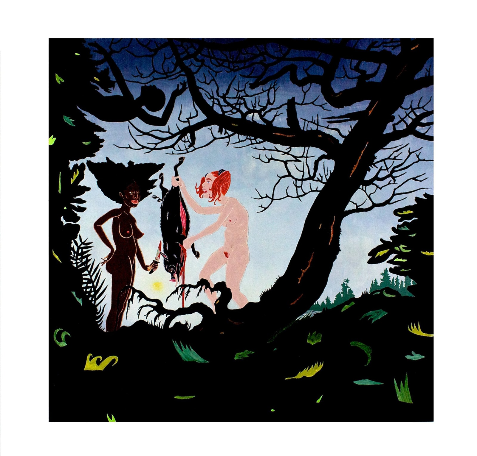 Two women and an animal they've hunted for food