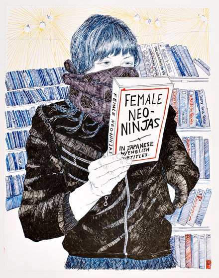 Person with scarf over nose peruses Female Neo-Ninjas book