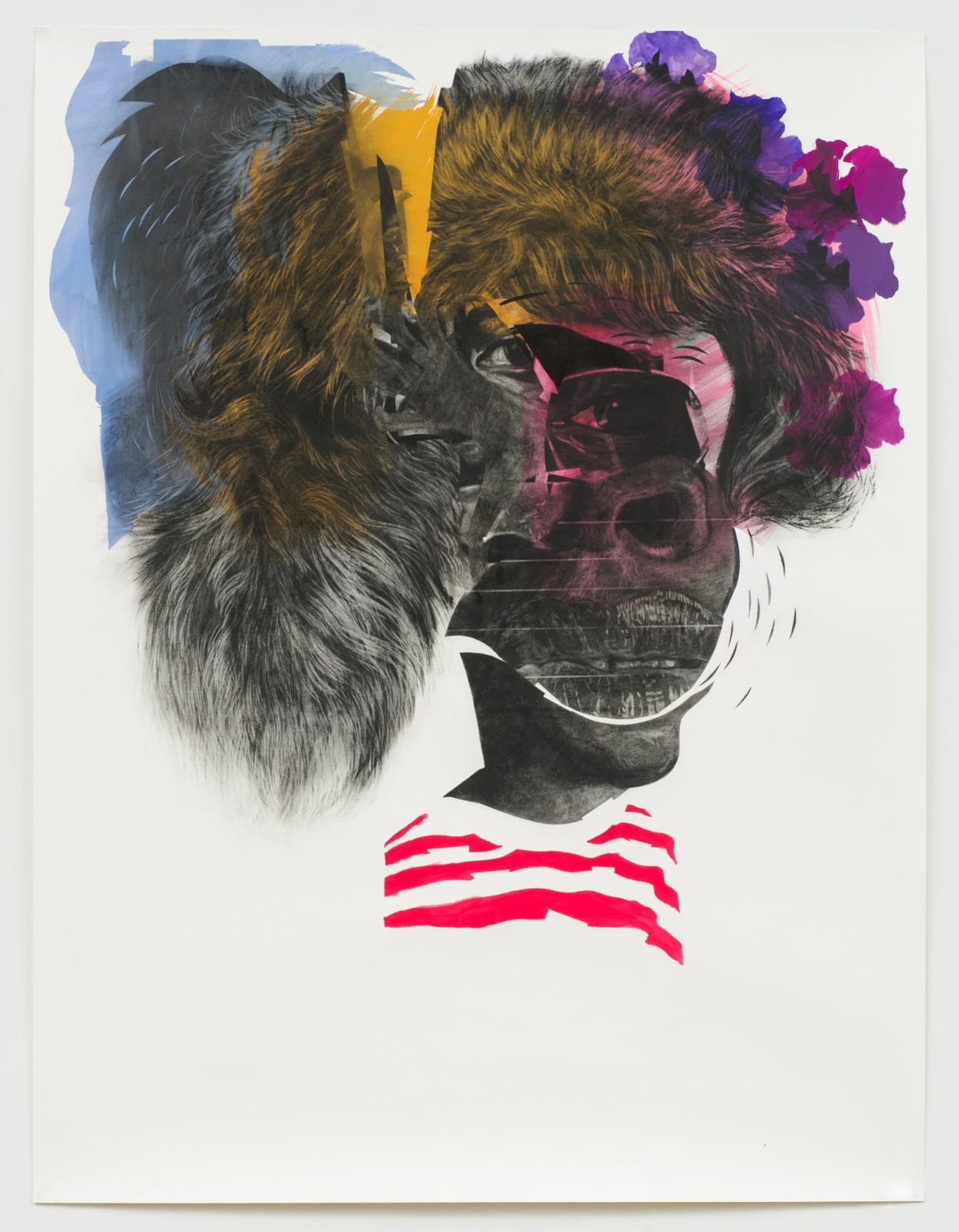 Depiction of a man from shoulders up, with feathers and other materials obscuring the head