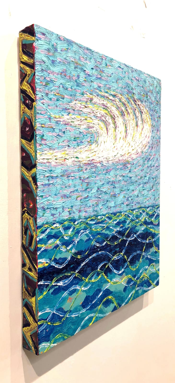 Painting of choppy blue water with white cirrus cloud overhead