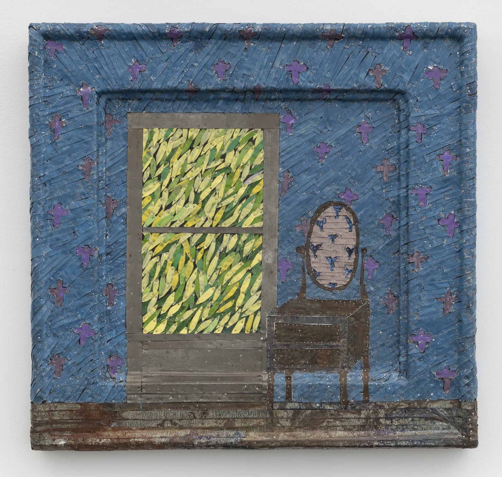 A still life surrounded by a heavy frame made from strips of colored tin