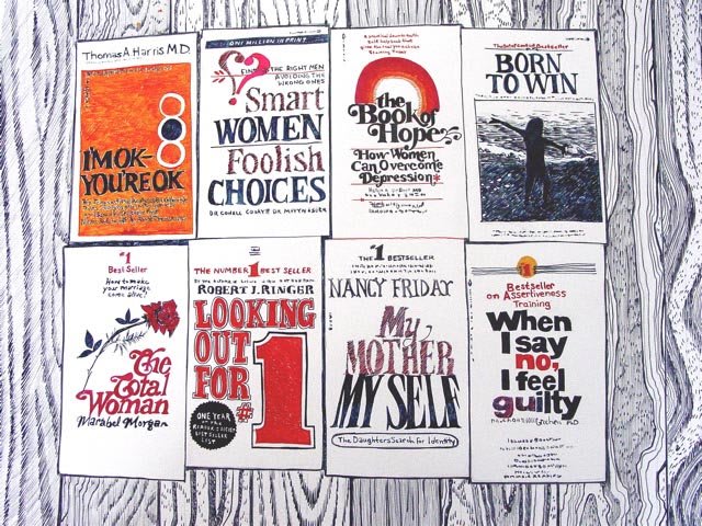 Drawing of eight self-help books in a grid on a table