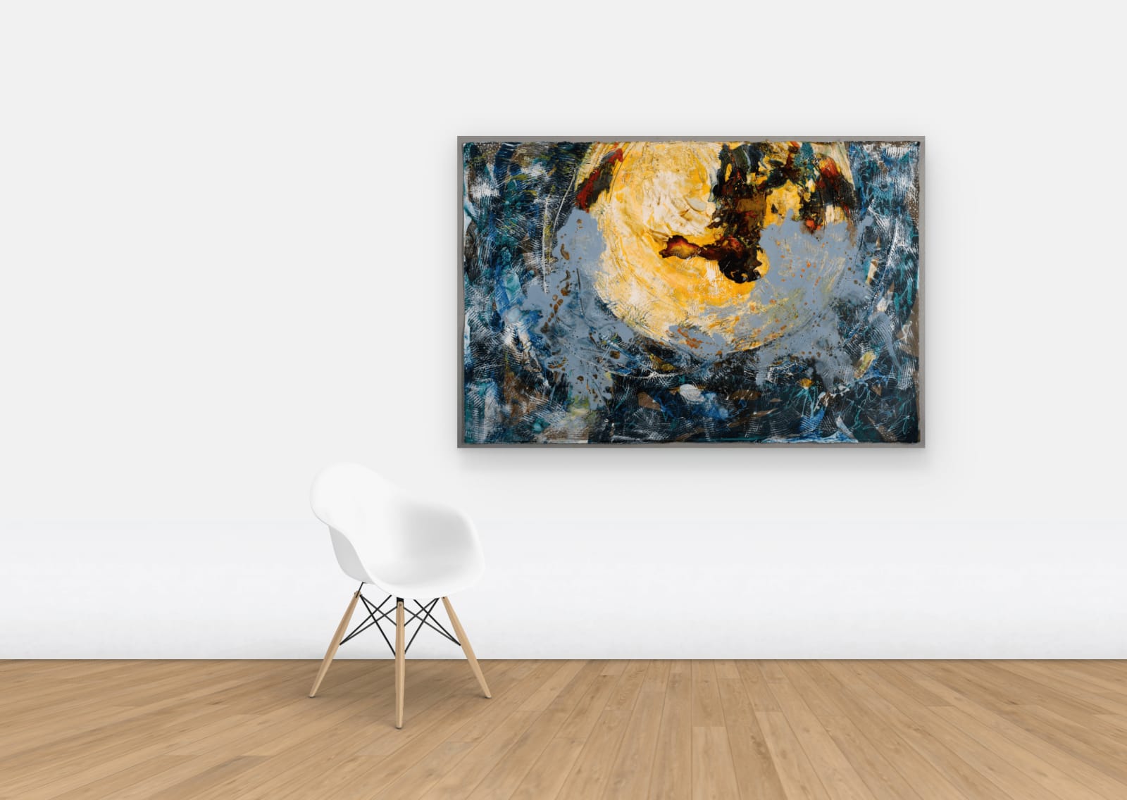 Partial yellow circle covered by blue layers in an abstract formation hung on wall
