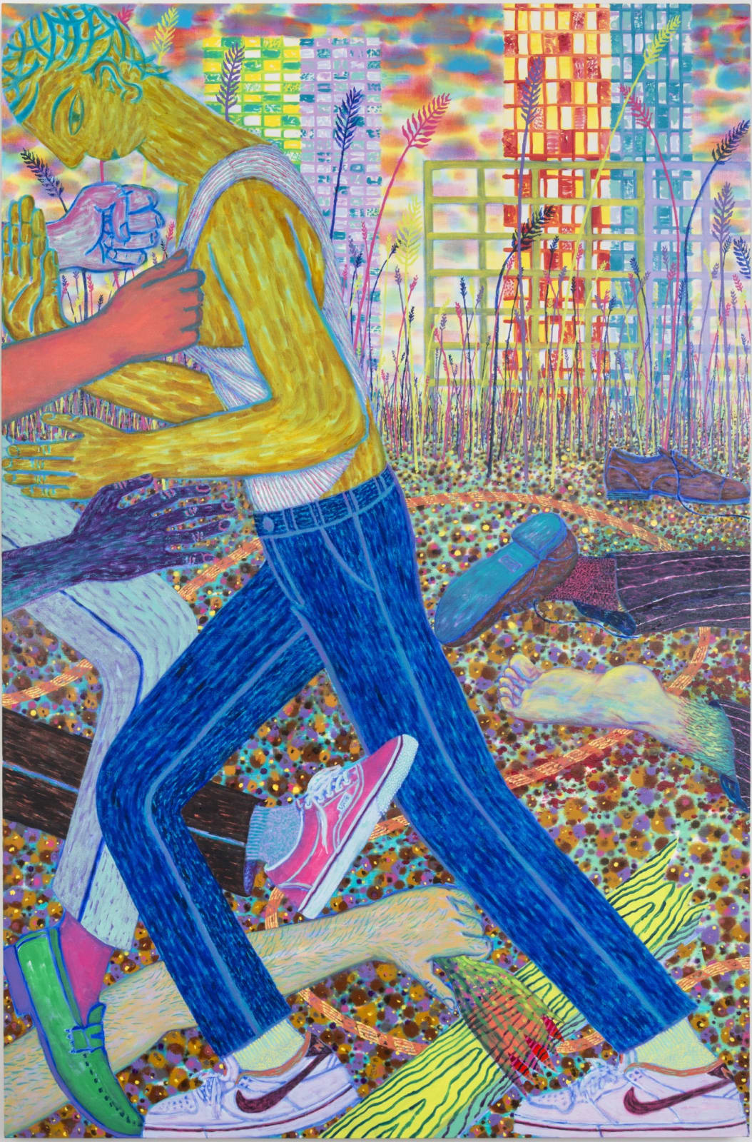 Man wearing jeans and a tank top pushes another figure out of the frame, in the background a vibrant cityscape