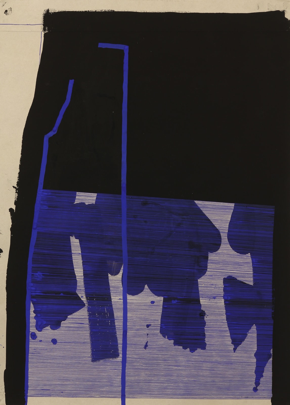 Panel with white ground and black mass filling upper right half of painting, blue horizontal lines and shapes below