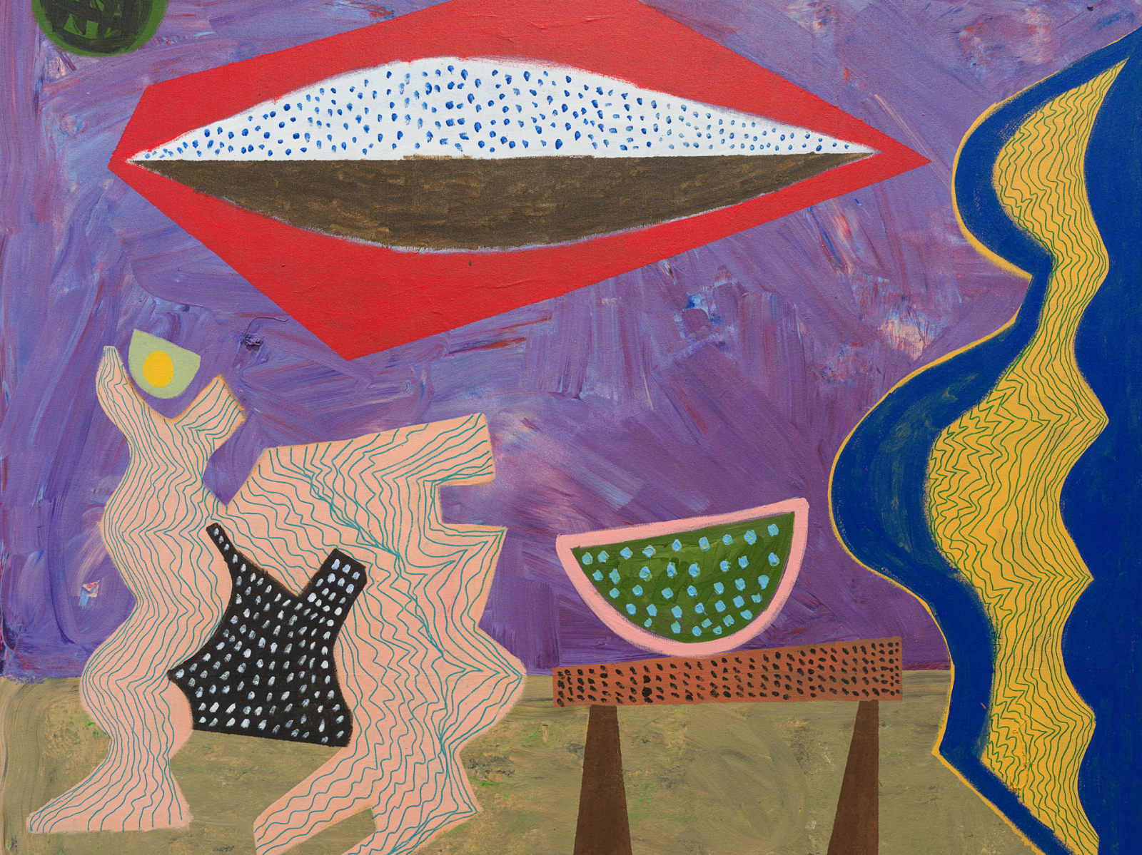 Nasser Almulhim Funky camel chasing a watermelon, 2025 Acrylic and oil pastel on canvas 200 x 200 cm 78 3/4 x 78 3/4 in