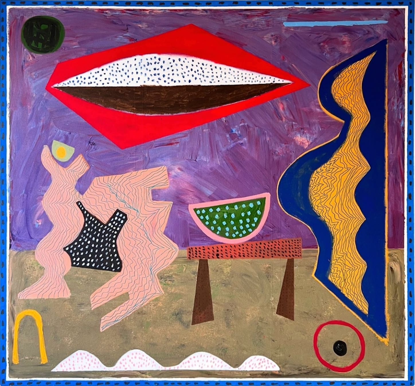 Nasser Almulhim Funky camel chasing a watermelon, 2025 Acrylic and oil pastel on canvas 200 x 200 cm 78 3/4 x 78 3/4 in