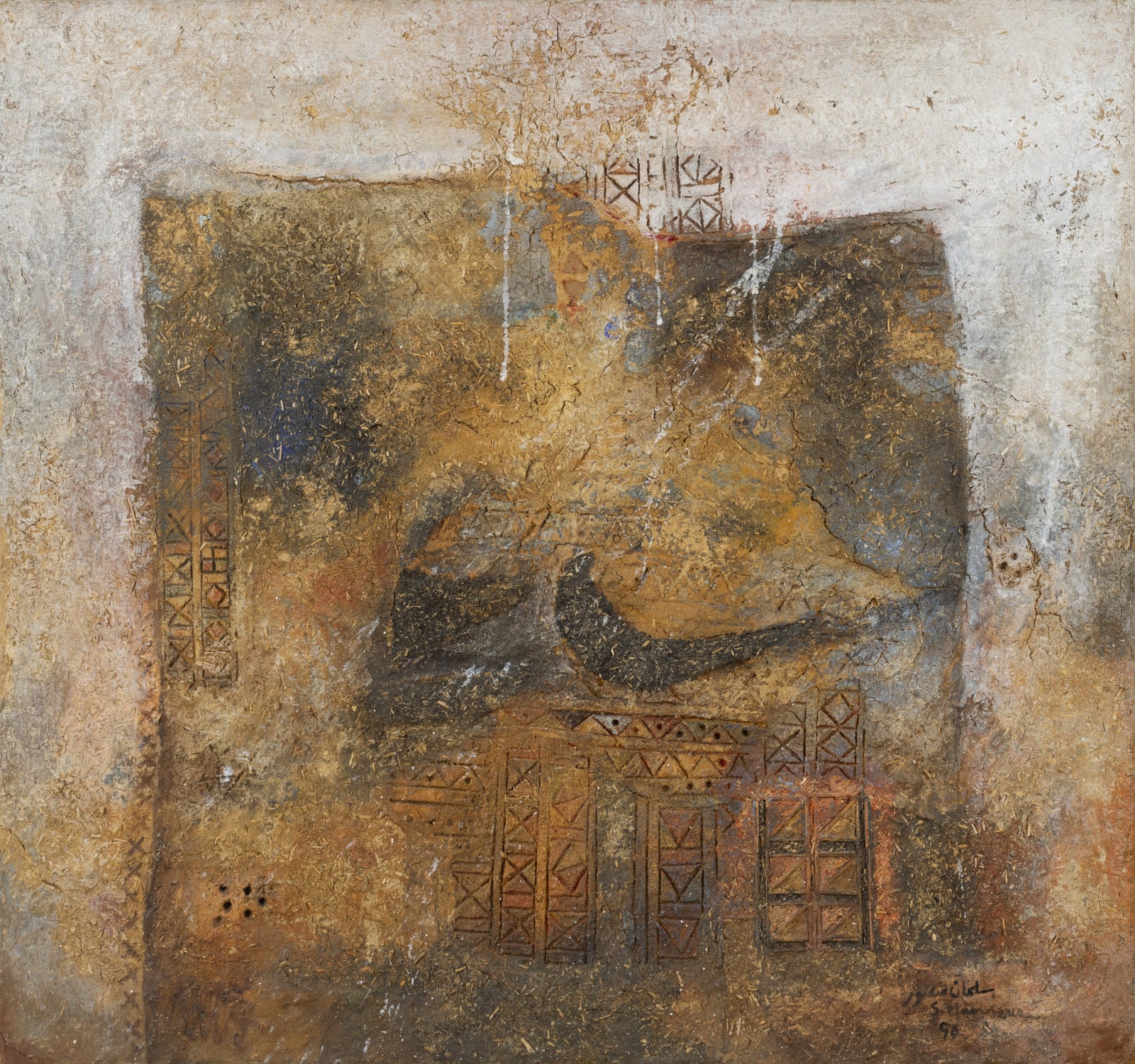 Sliman Mansour, The Village mud on wood, 1990