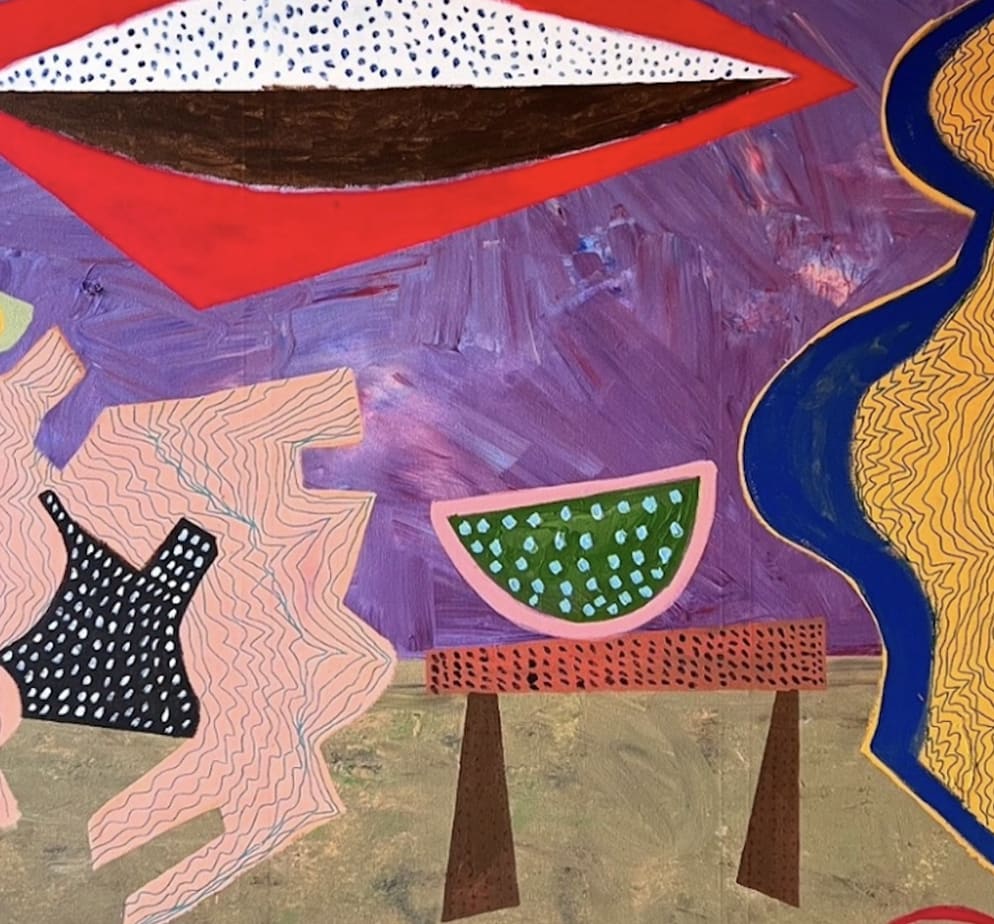 Nasser Almulhim Funky camel chasing a watermelon, 2025 Acrylic and oil pastel on canvas 200 x 200 cm 78 3/4 x 78 3/4 in