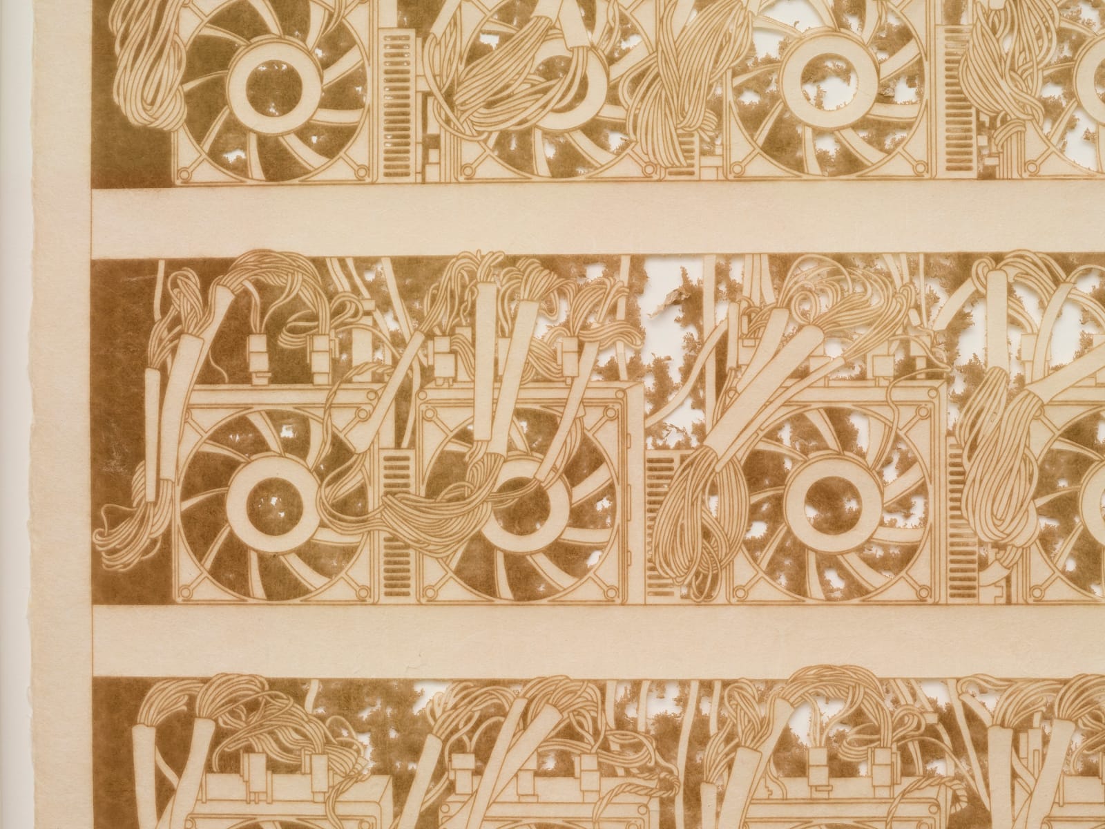 a detail of a laser sculpted paper sculpture on a white wall