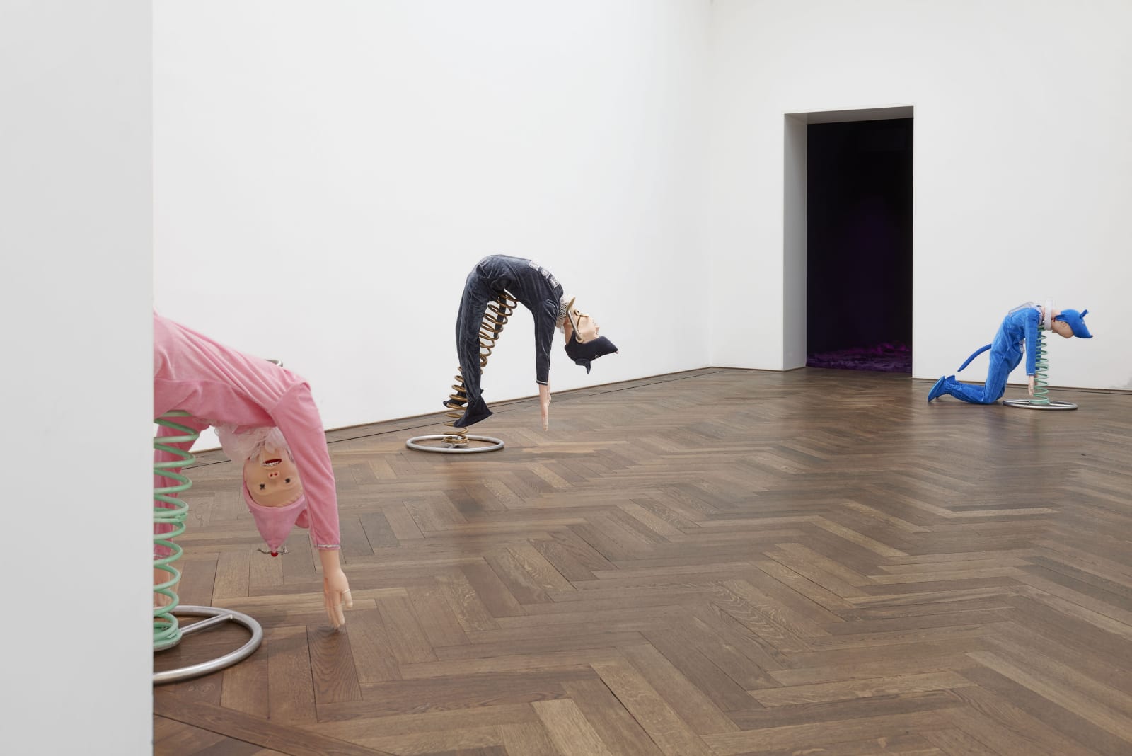 Installation view, Golden Shower, (f.l.t.r.) on, Bestiality rider R, Bestiality rider A, Bestiality rider T, Kunsthalle Basel, Switzerland