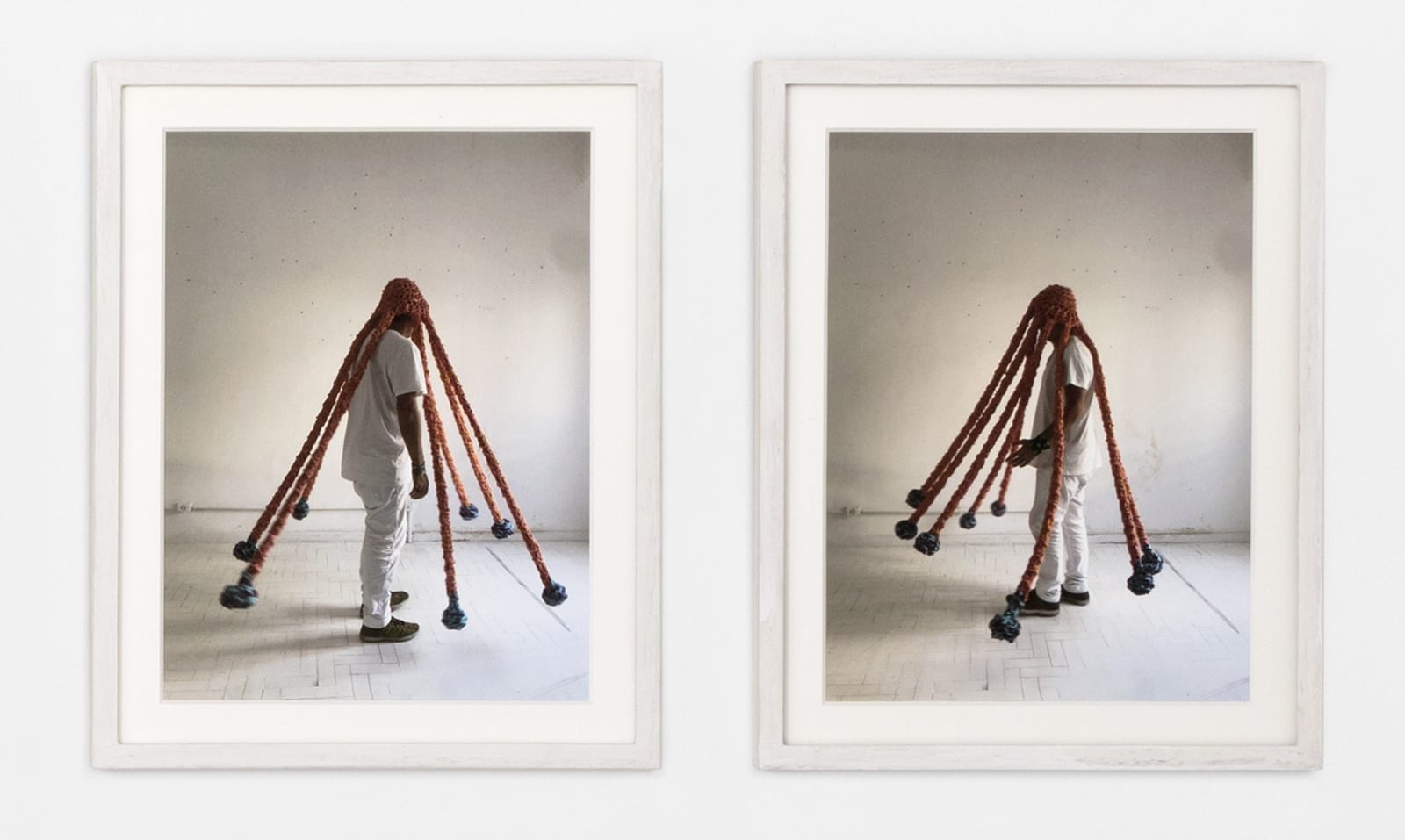 Photo series of Neto wearing sculpture