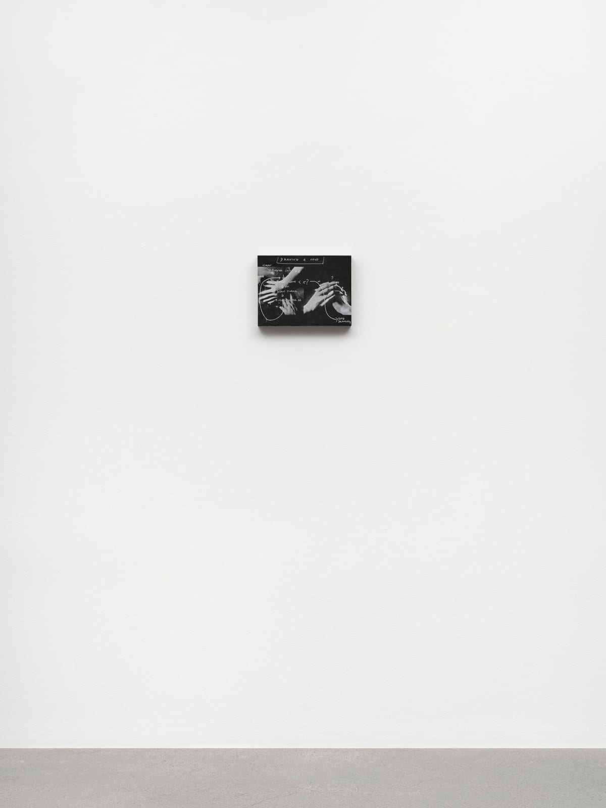 a small black and white panel with hands and writing on a white wall