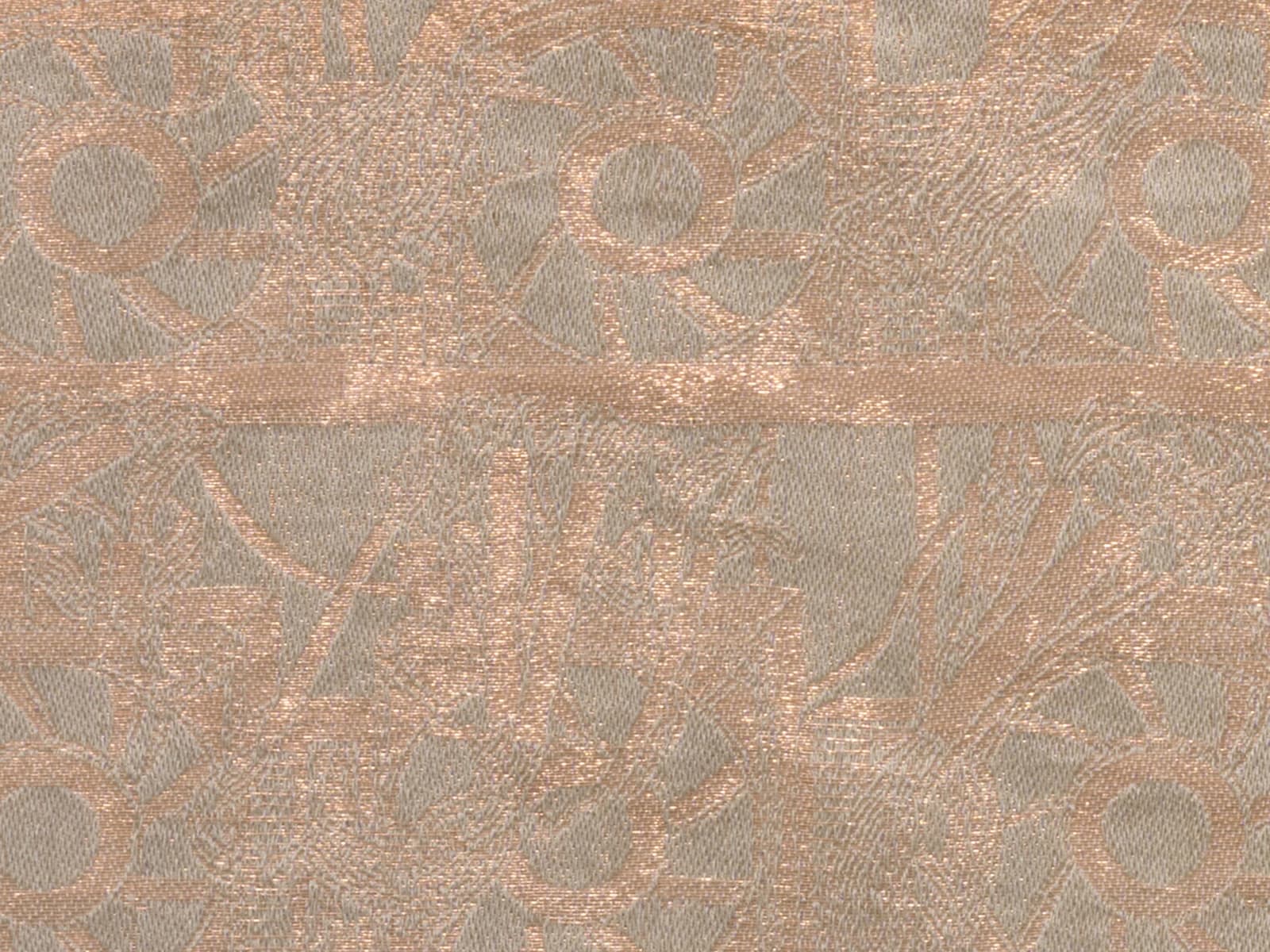 a detail of a slightly shimmery large scale copper weaving on a white wall
