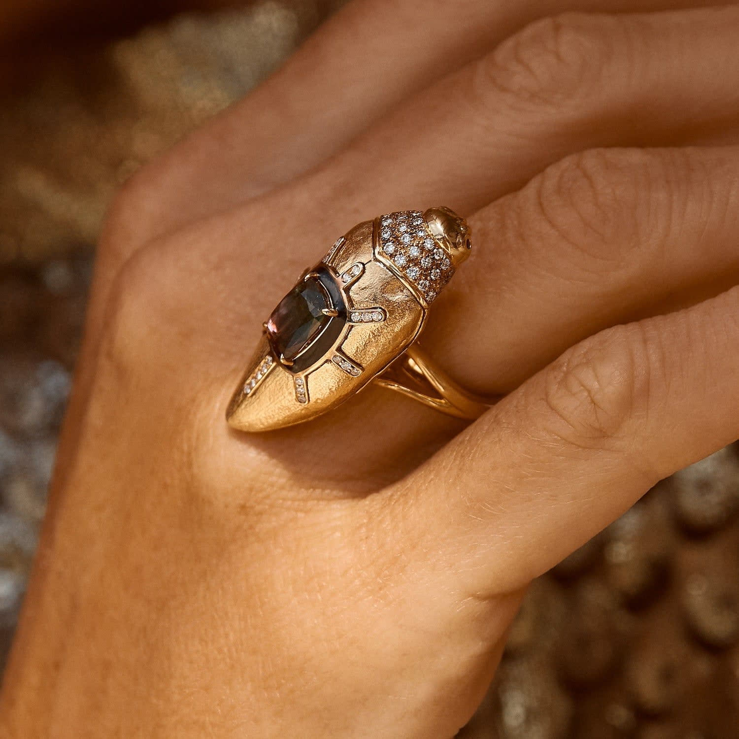 Bibi Van Der Velden, Scarab gold brushed ring with watermelon tourmaline