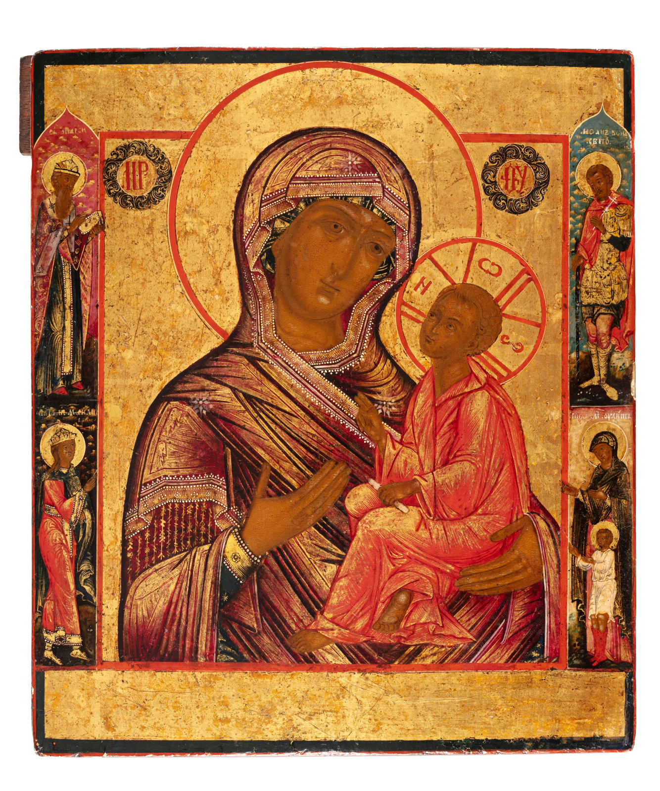 Virgin of Tikhvin with two Royal Saints, St John the Warrior, St Ulita and her son Kirik, 18th century