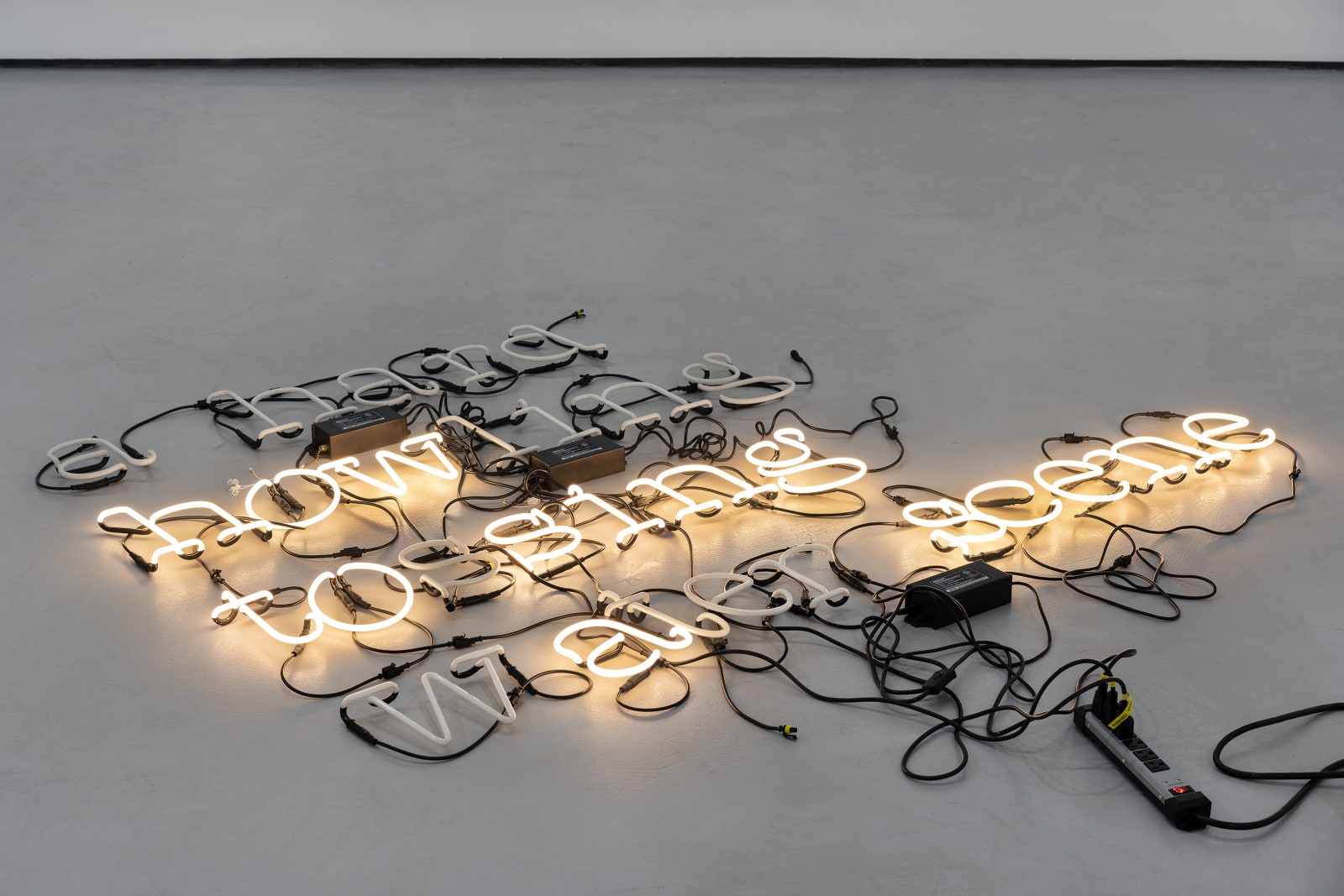 Benjamin Zellmer Bellas, SELETTI’S NEON ART LIGHTS REARRANGED TO DISPLAY, ONE LINE AT A TIME, DAVID SHULMAN’S POEM WASHINGTON CROSSING THE DELAWARE OVER THE COURSE OF AN EXHIBITION, 2015