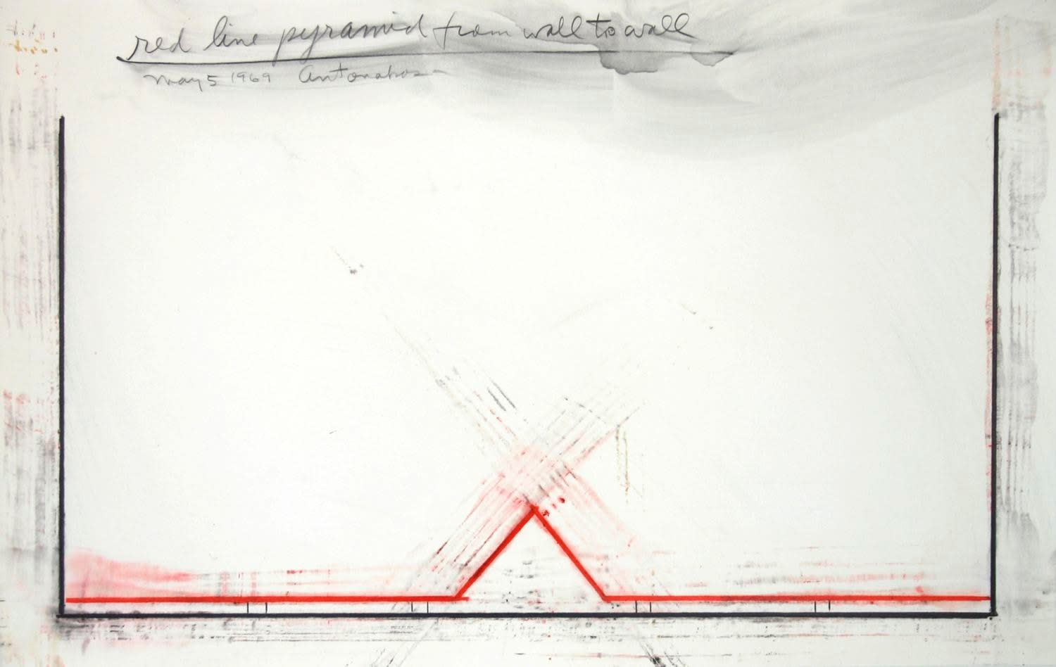 Stephen Antonakos, Red Line Pyramid from Wall to Wall, May 5, 1969, 1969