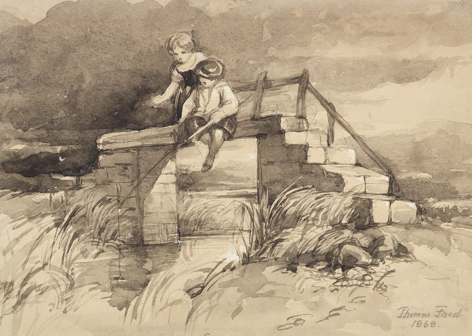 Thomas Faed ARSA RA, Fishing from the bridge, 1868